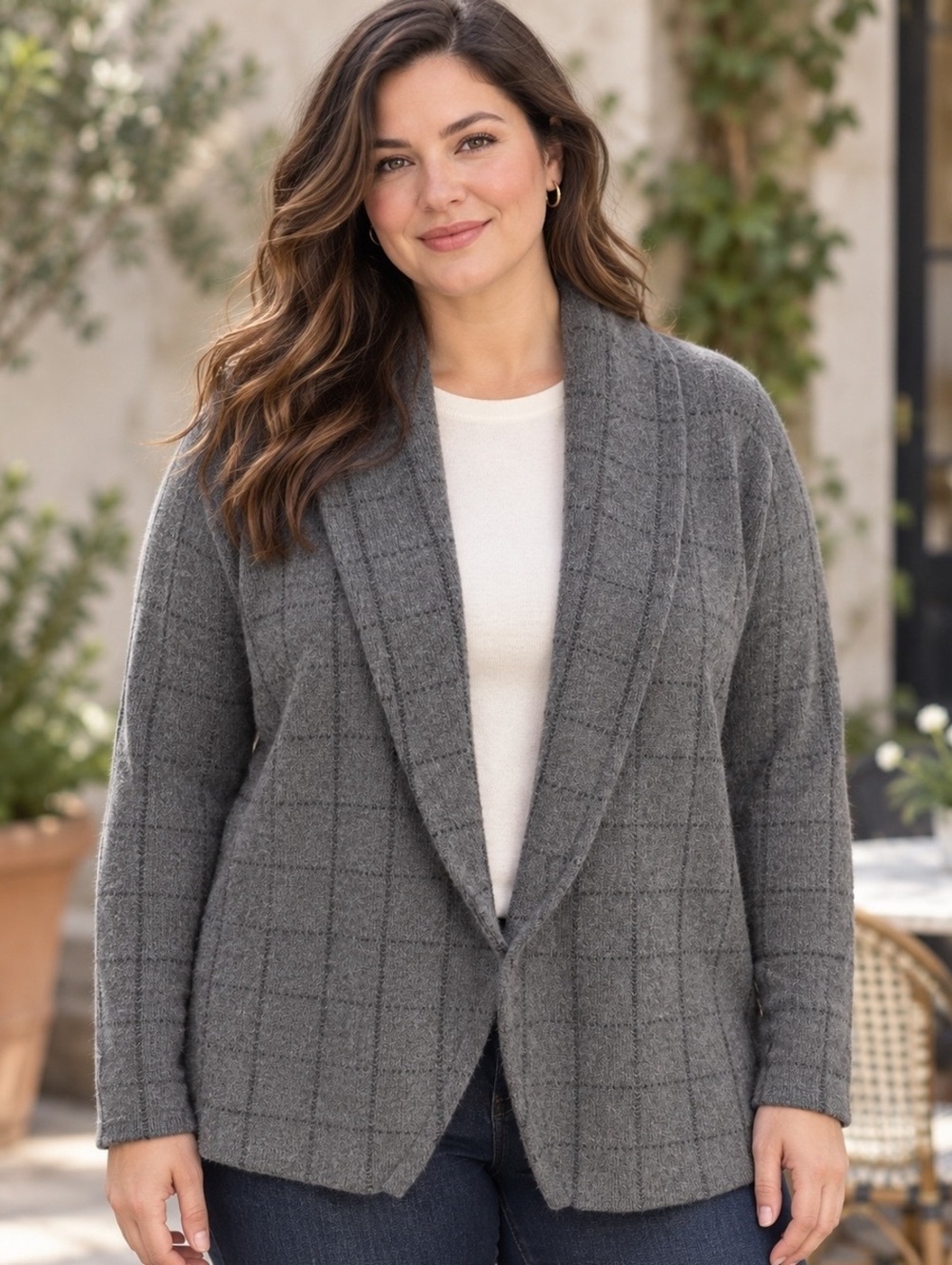 Lauren Ralph Lauren 100% Lambswool Gray Windowpane Shawl Cardigan XL